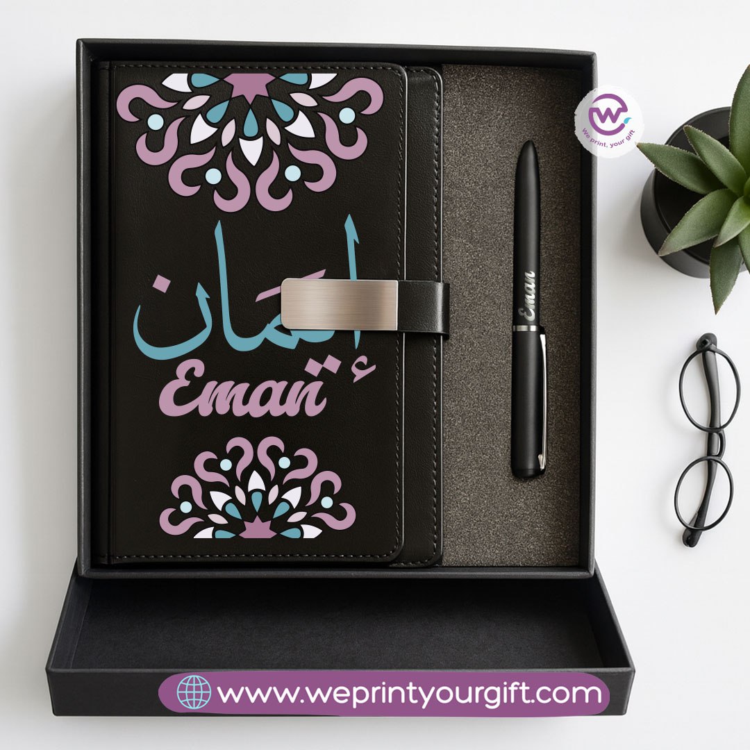 Mandala Personalized Gift Box – Custom Name Leather Notebook & Engraved Pen Set