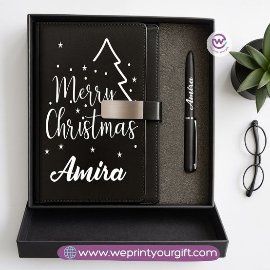 Festive Holiday Leather Gift Set – Custom Name Notebook & Pen