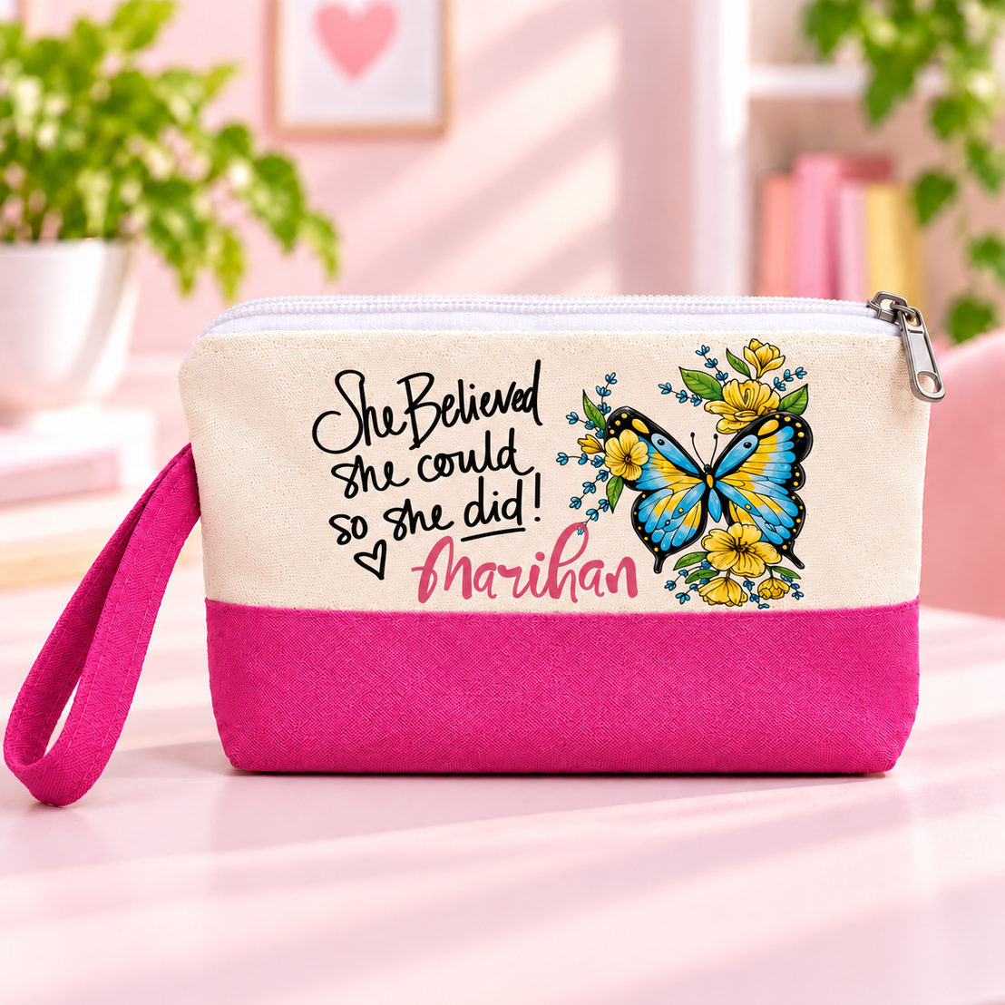Motivational Butterfly Two-Tone Canvas Pencil Case & Makeup Pouch | With Side Handle