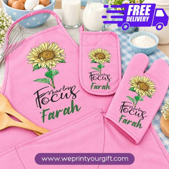 Personalized Name & Motivational Quote 3-Piece Kitchen Set (Apron, Oven Mitt & Pot Holder) + Optional Chef Hat