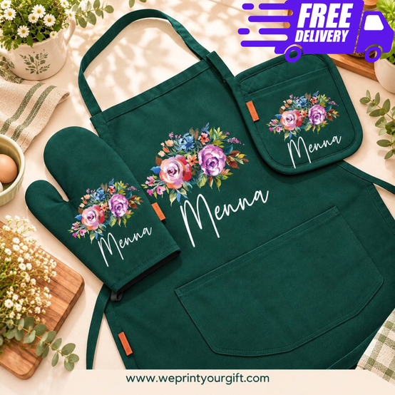 Floral Motivational Quote 3-Piece Kitchen Set (Apron, Oven Mitt & Pot Holder) + Optional Chef Hat, Personalized with Your Name