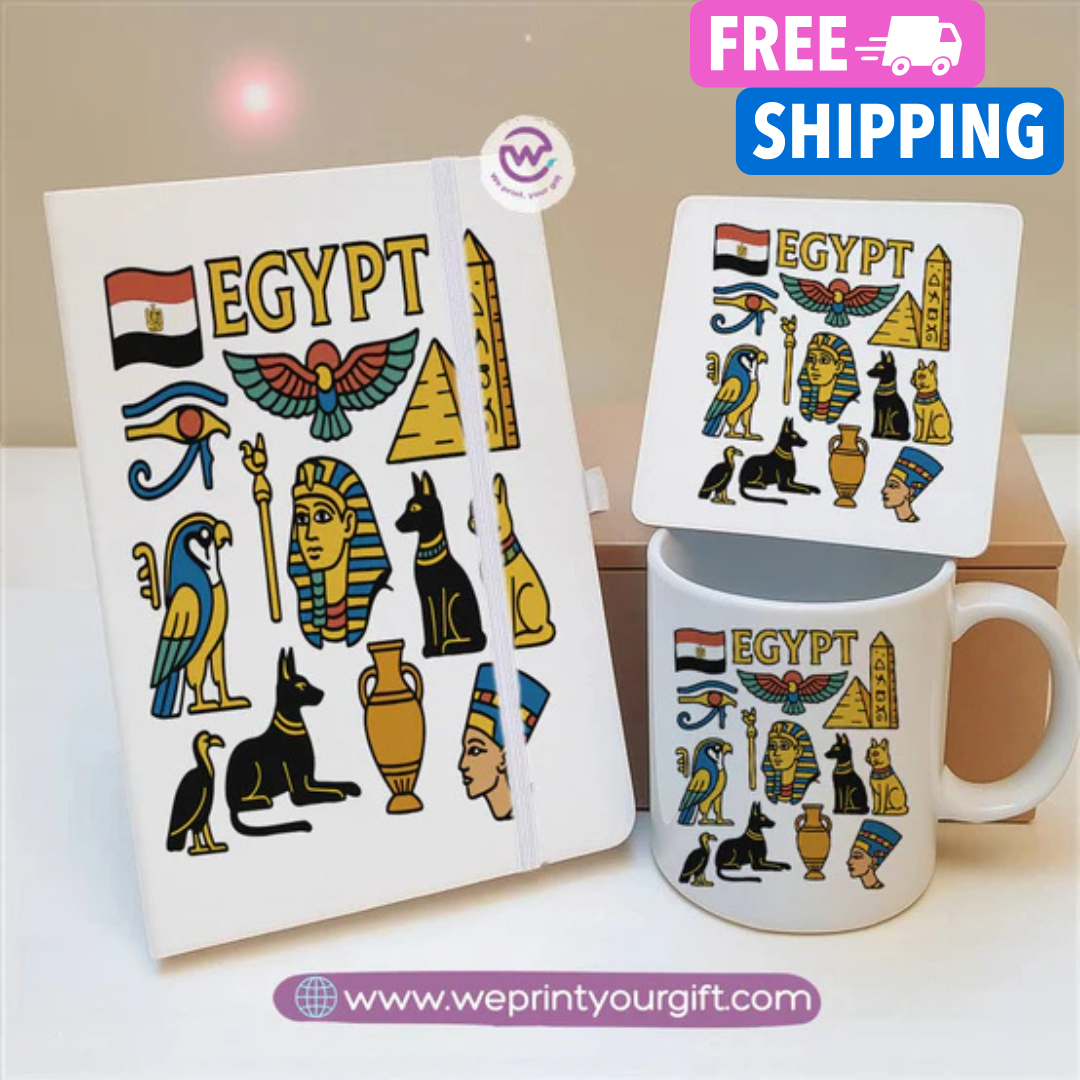 Egyptian Pharaonic Design Gift Set – Notebook, Mug & Coaster