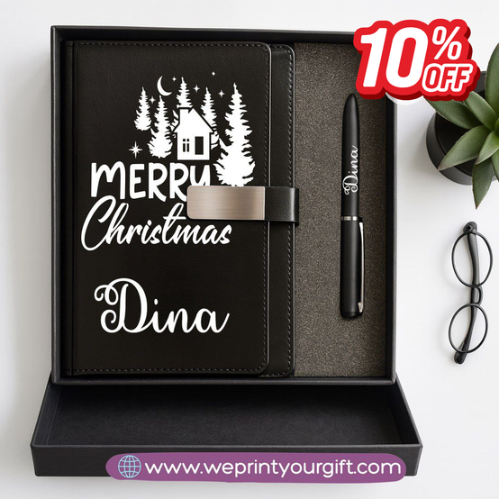 Festive Holiday Leather Gift Set – Custom Name Notebook & Pen