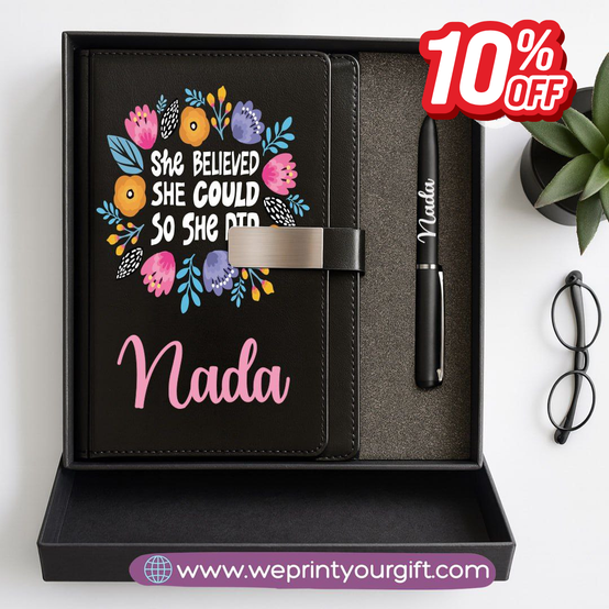 Motivational Personalized Gift Box – Custom Name Leather Notebook & Engraved Pen