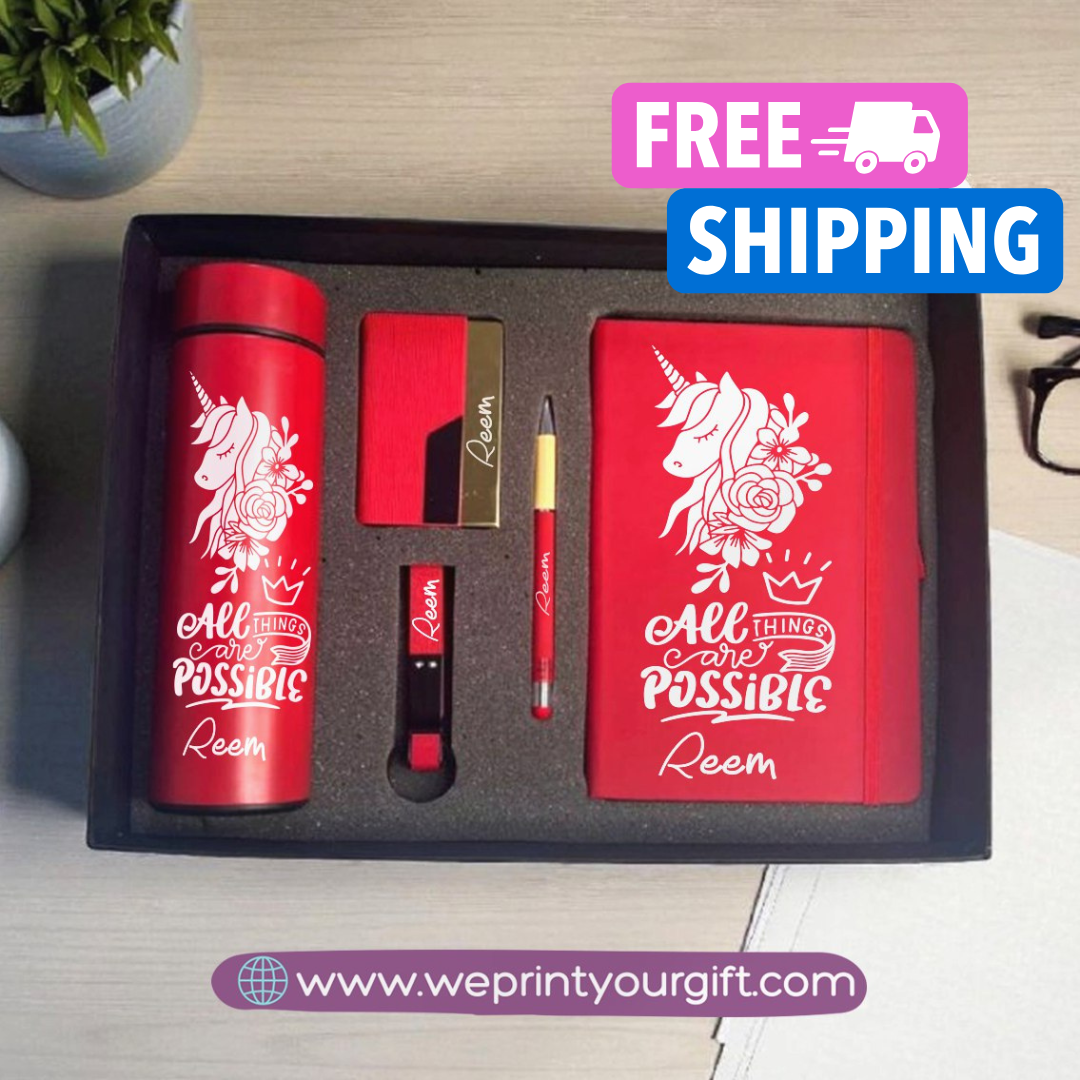 Unicorn Personalized 5-Piece Gift Box – Custom Name Luxury Set with Digital Thermos & Notebook
