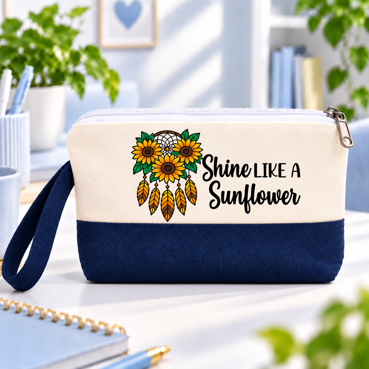 Radiant Sunflower Two-Tone Canvas Pencil Case & Makeup Pouch | With Side Handle