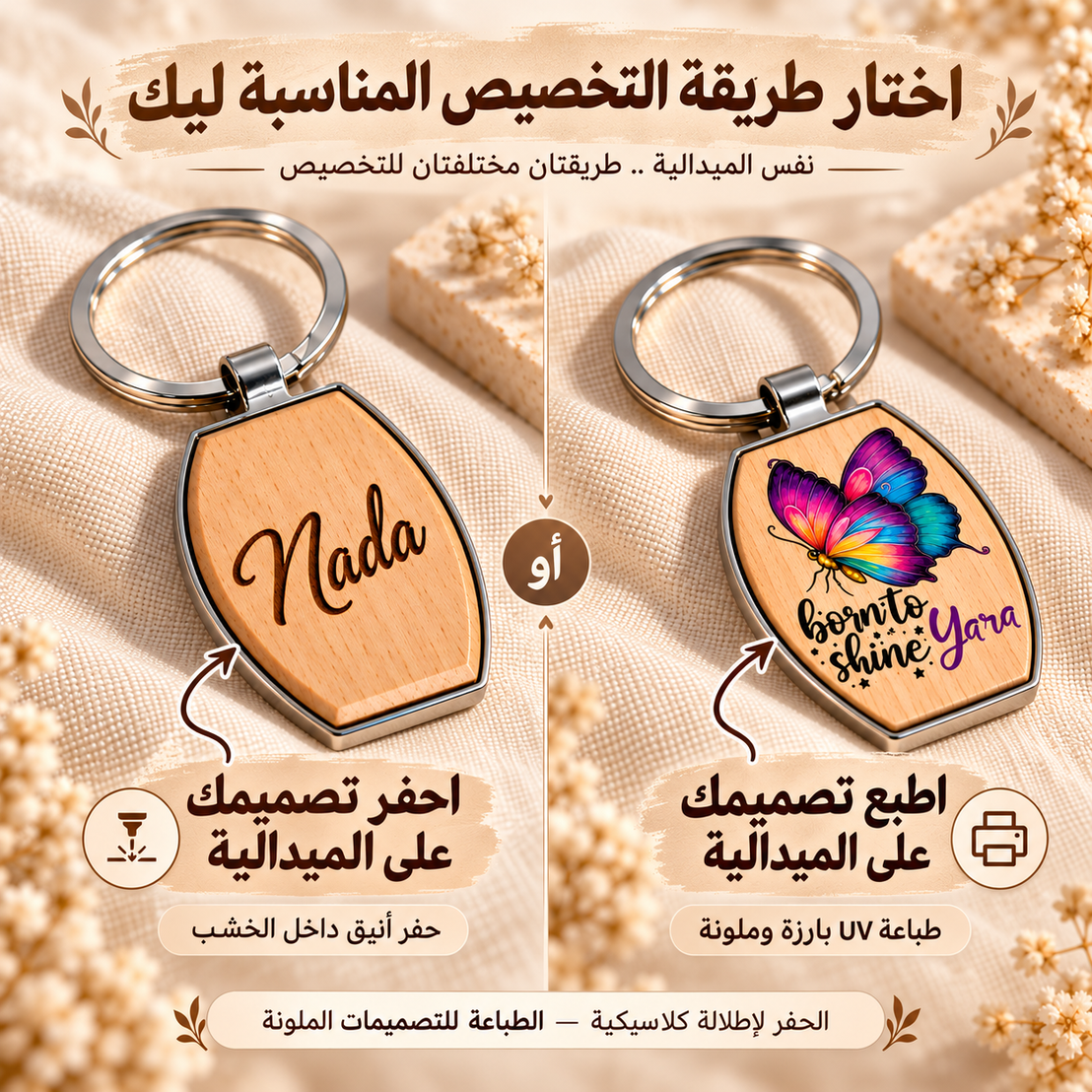 ميدالية مفاتيح من الخشب والمعدن - خيارات التخصيص