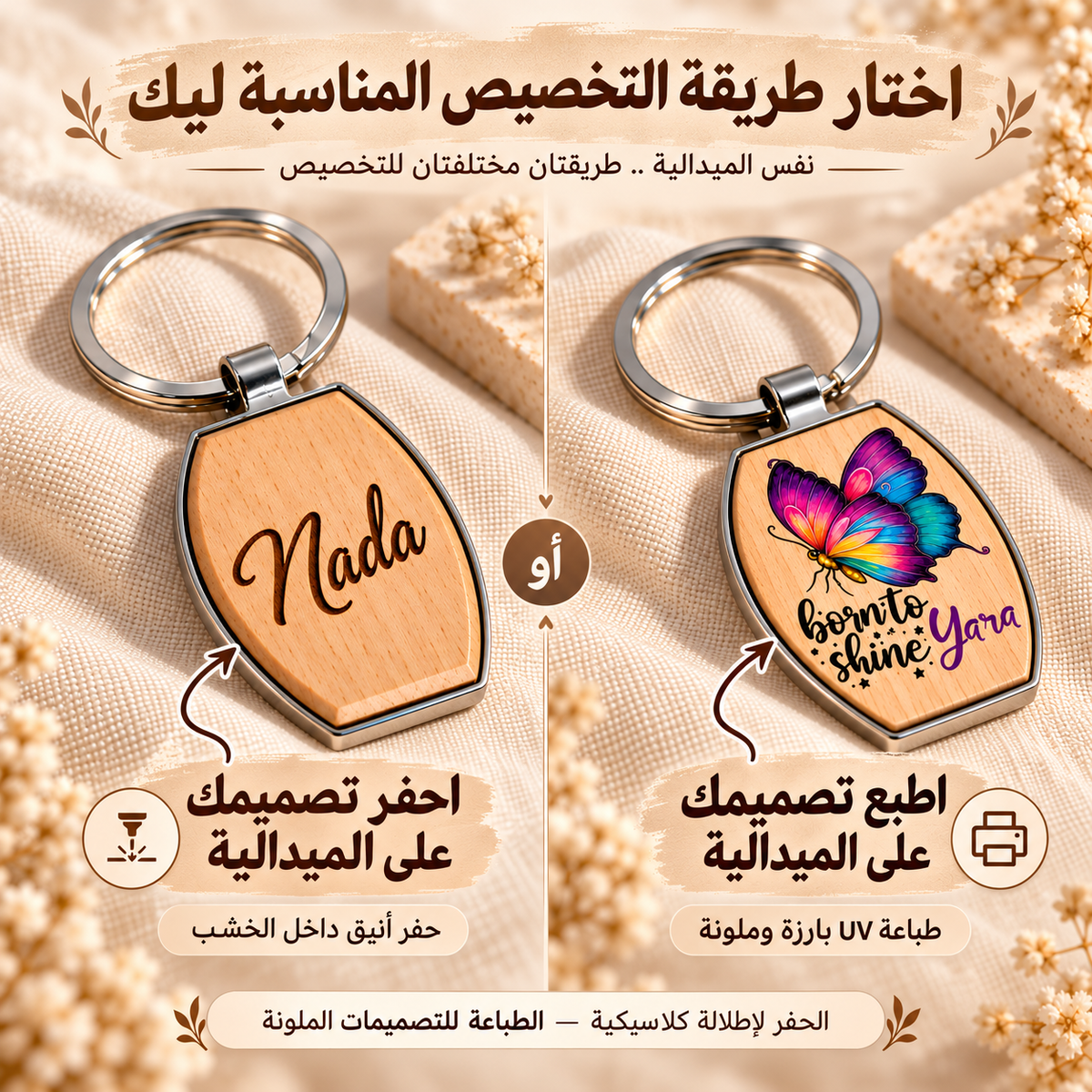 ميدالية مفاتيح من الخشب والمعدن - خيارات التخصيص