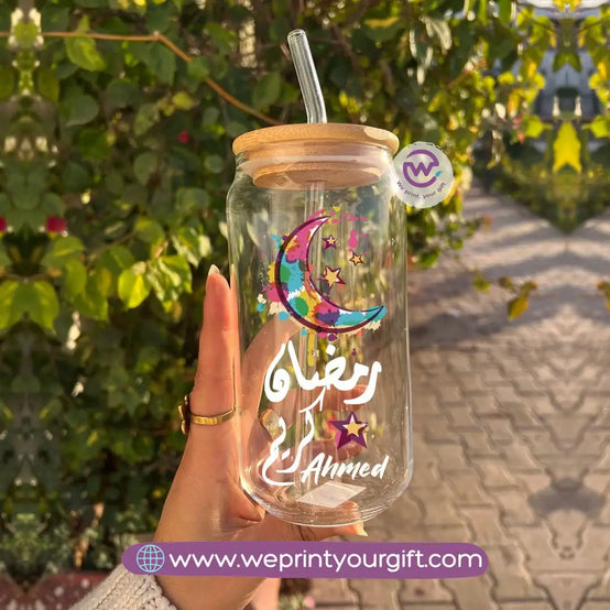 Round Glass Mug with Bamboo Lid & Glass Straw | Ramadan Design - WE PRINT