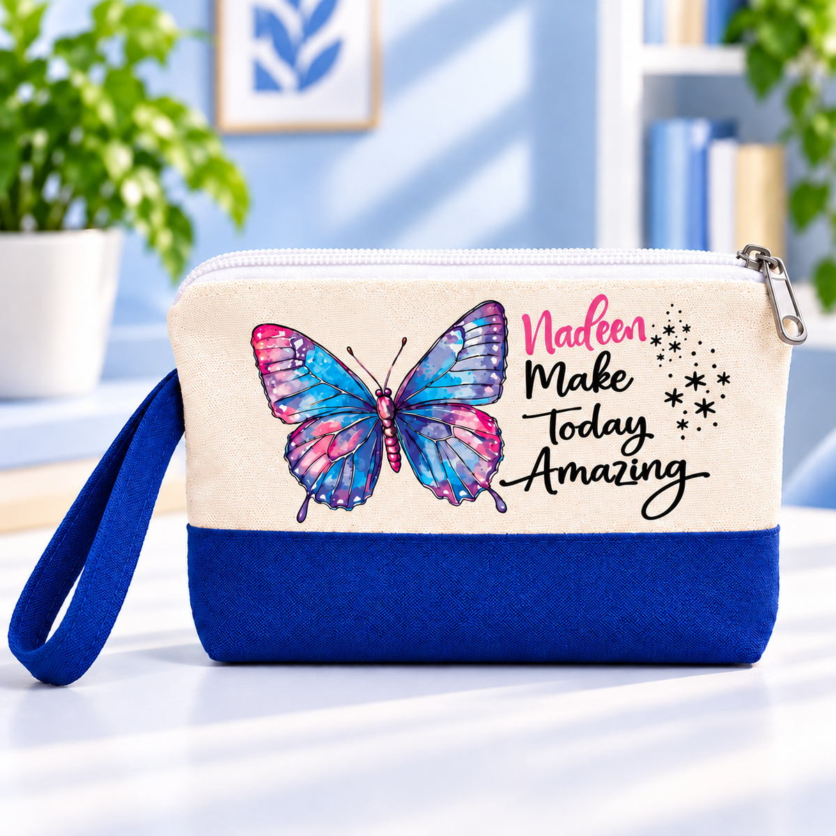 Butterfly Elegance Two-Tone Canvas Pencil Case & Makeup Pouch | With Side Handle