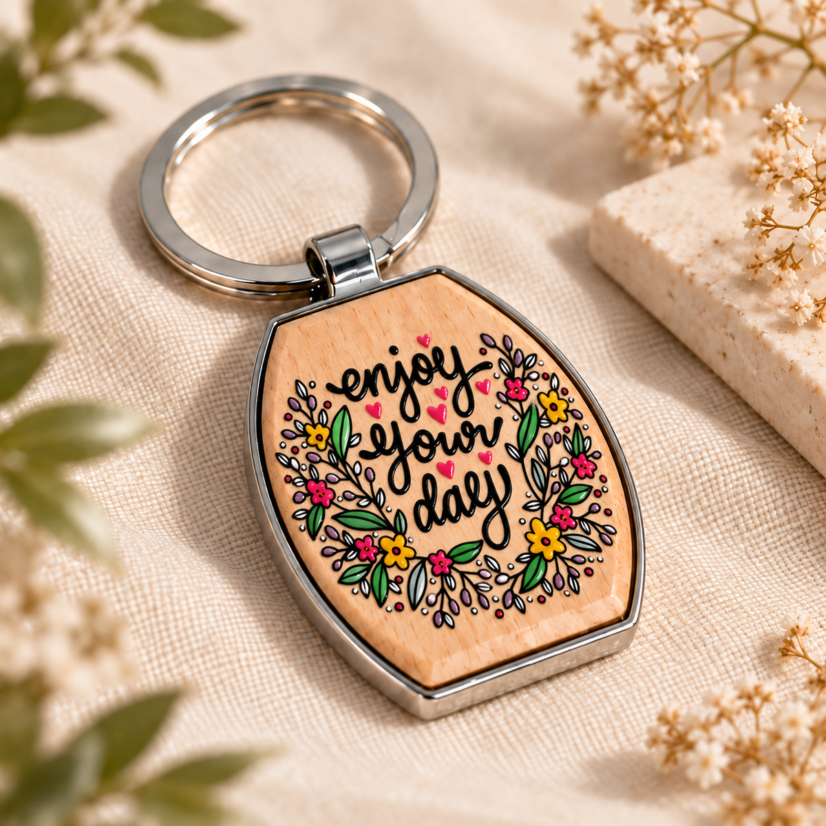 Motivational Wood & Metal Key Fob – Raised UV Printed Designs