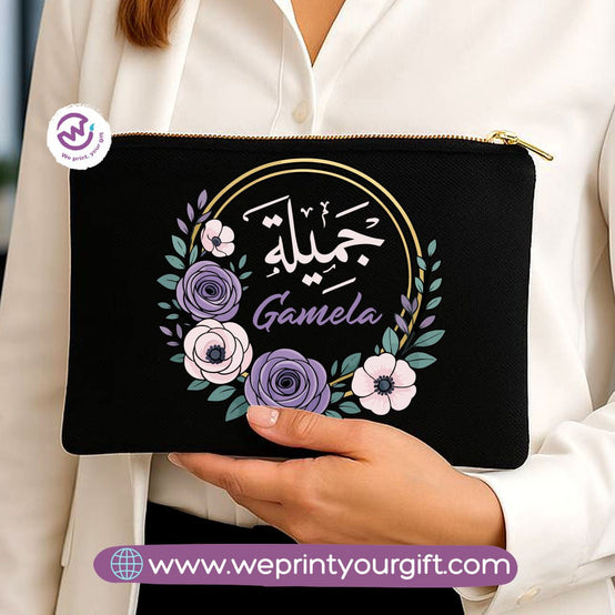 Personalized Floral Name Makeup Bag & Pencil Case – Elegant Cotton Pouch