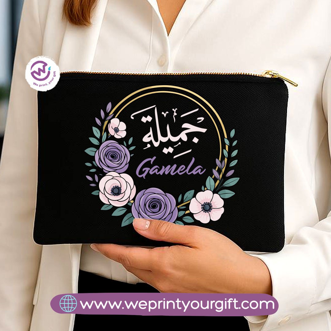 Personalized Floral Name Makeup Bag & Pencil Case – Elegant Cotton Pouch