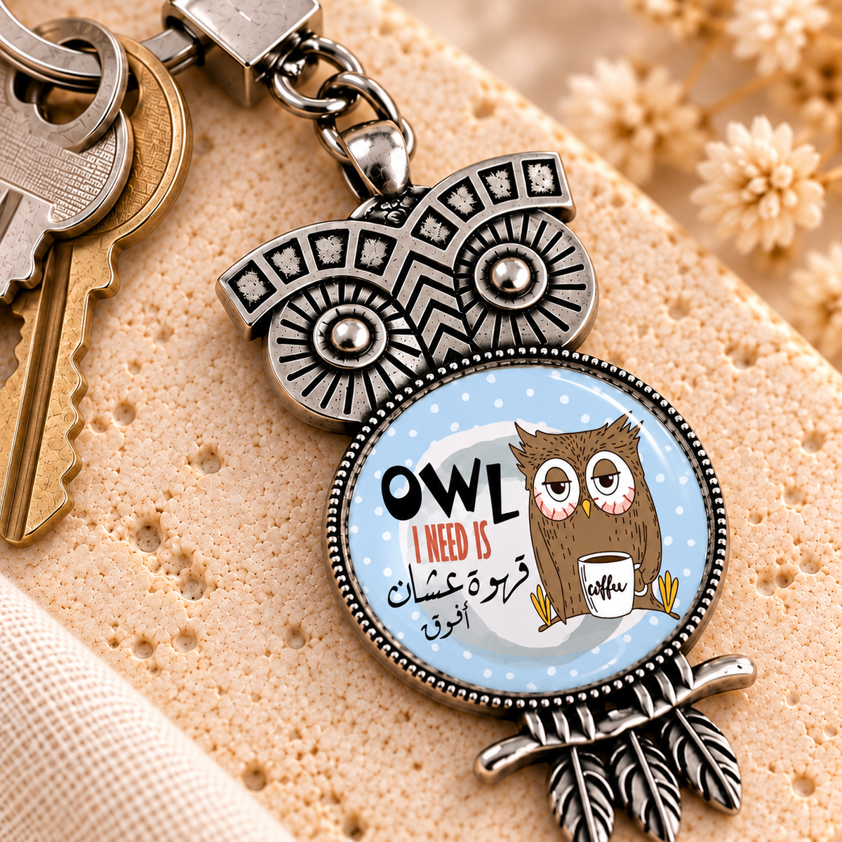Cute Owl Glass Dome Metal Keychain | Ornate Frame