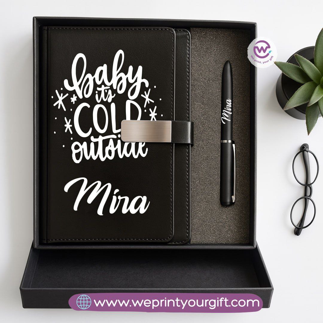 Festive Holiday Leather Gift Set – Custom Name Notebook & Pen