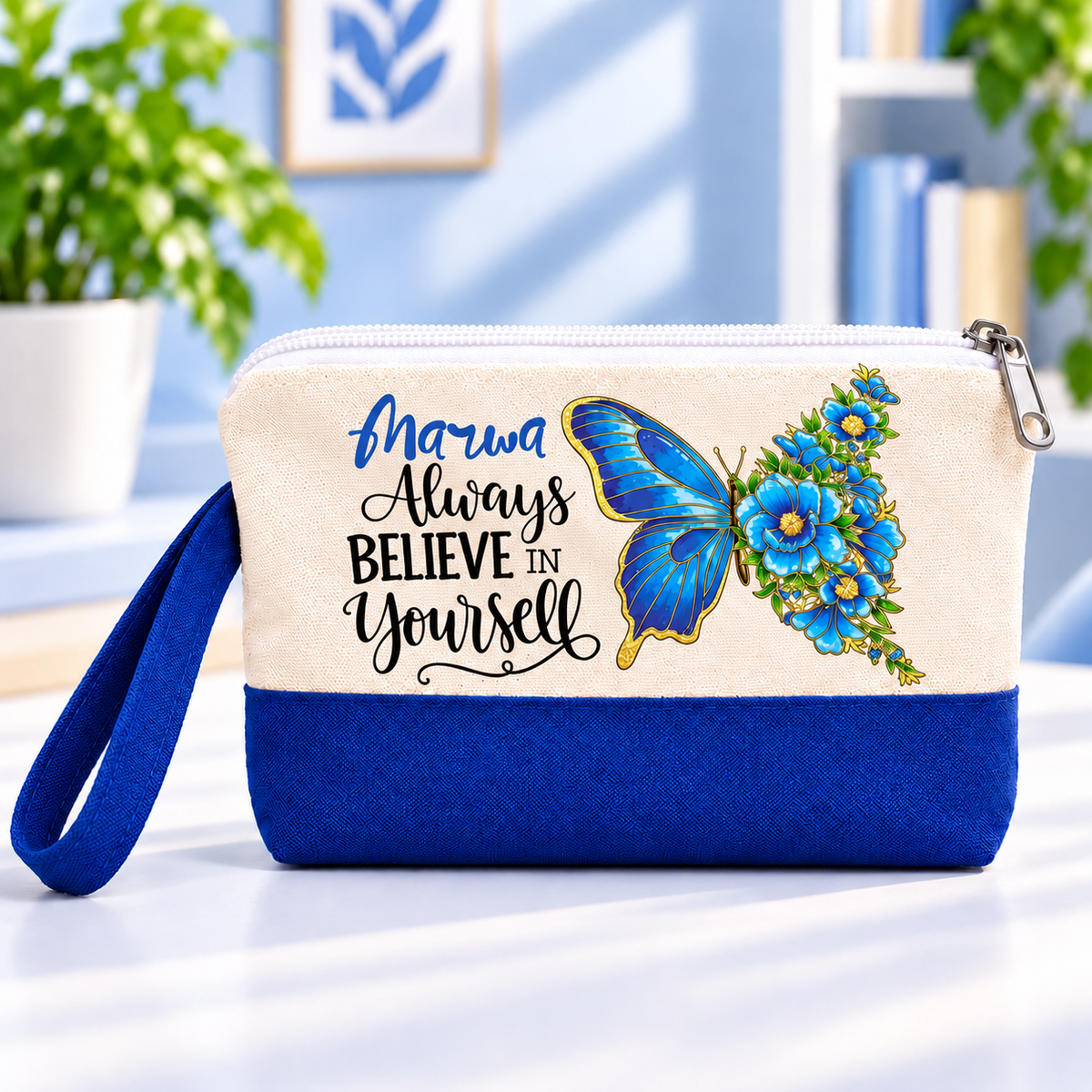 Butterfly Elegance Two-Tone Canvas Pencil Case & Makeup Pouch | With Side Handle