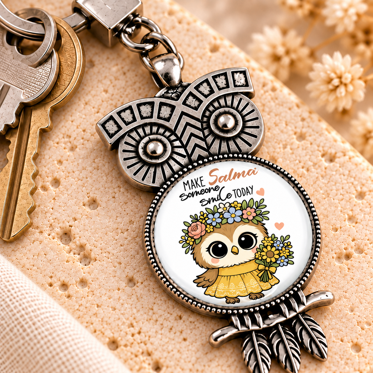 Vintage Glass Dome Metal Keychain | Ornate Owl Shape
