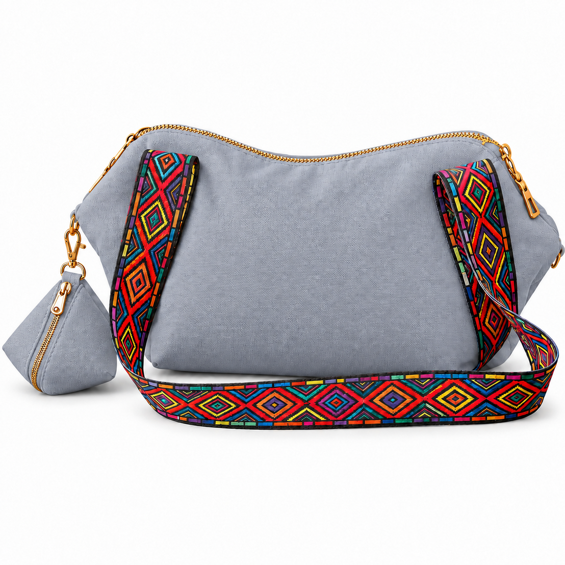 Shoulder Bag & Pouch Set with Patterned Strap -Customization Options