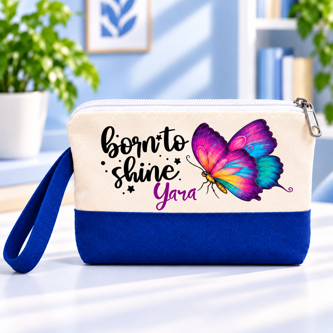 Butterfly Elegance Two-Tone Canvas Pencil Case & Makeup Pouch | With Side Handle