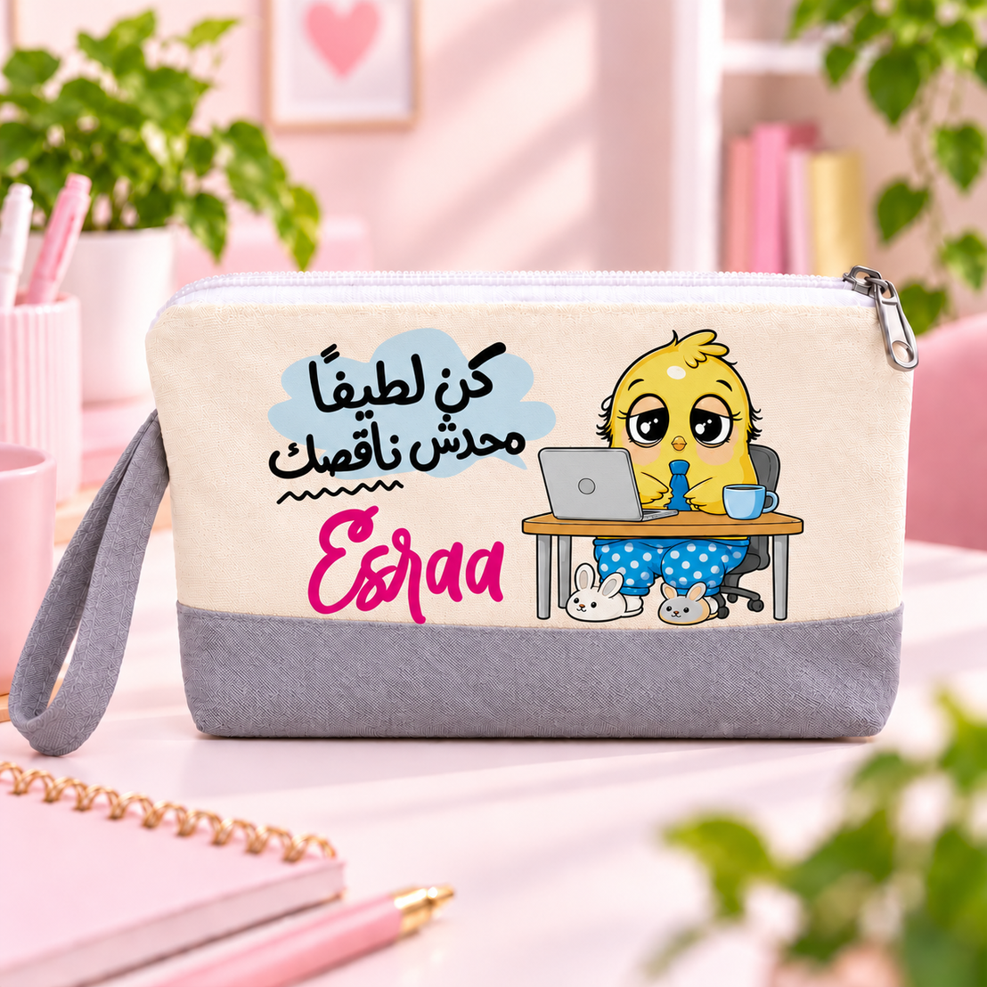 "Smartest Chick at Work" Two-Tone Canvas Pencil Case & Makeup Pouch | With Side