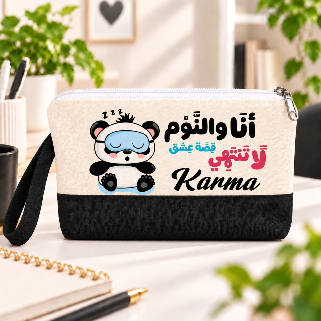 مقلمة أقلام وحقيبة مكياج قماشية بتصميم باندا لطيف ولونين | مع مقبض جانبي