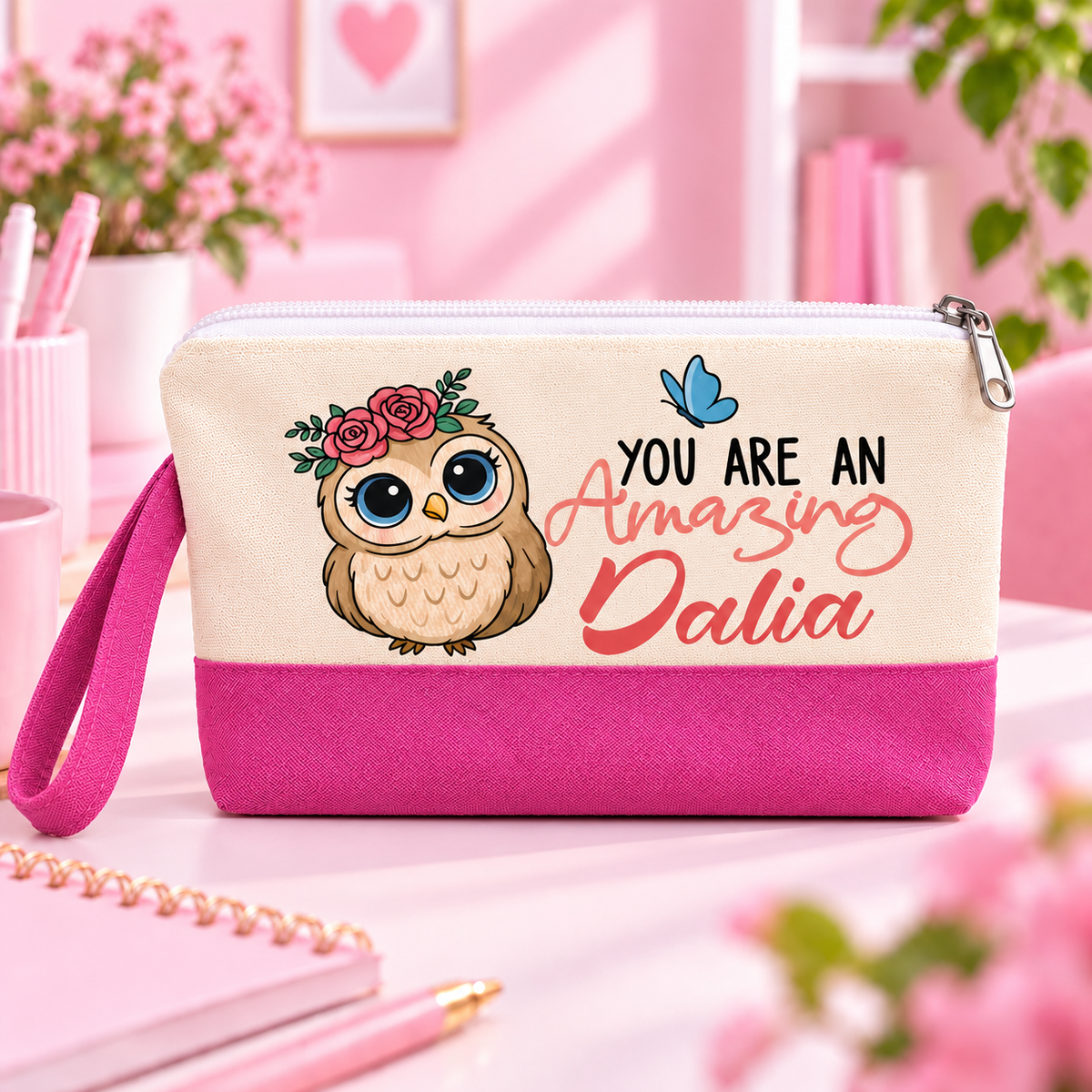 Cute Owl Two-Tone Canvas Pencil Case & Makeup Pouch | With Side Handle