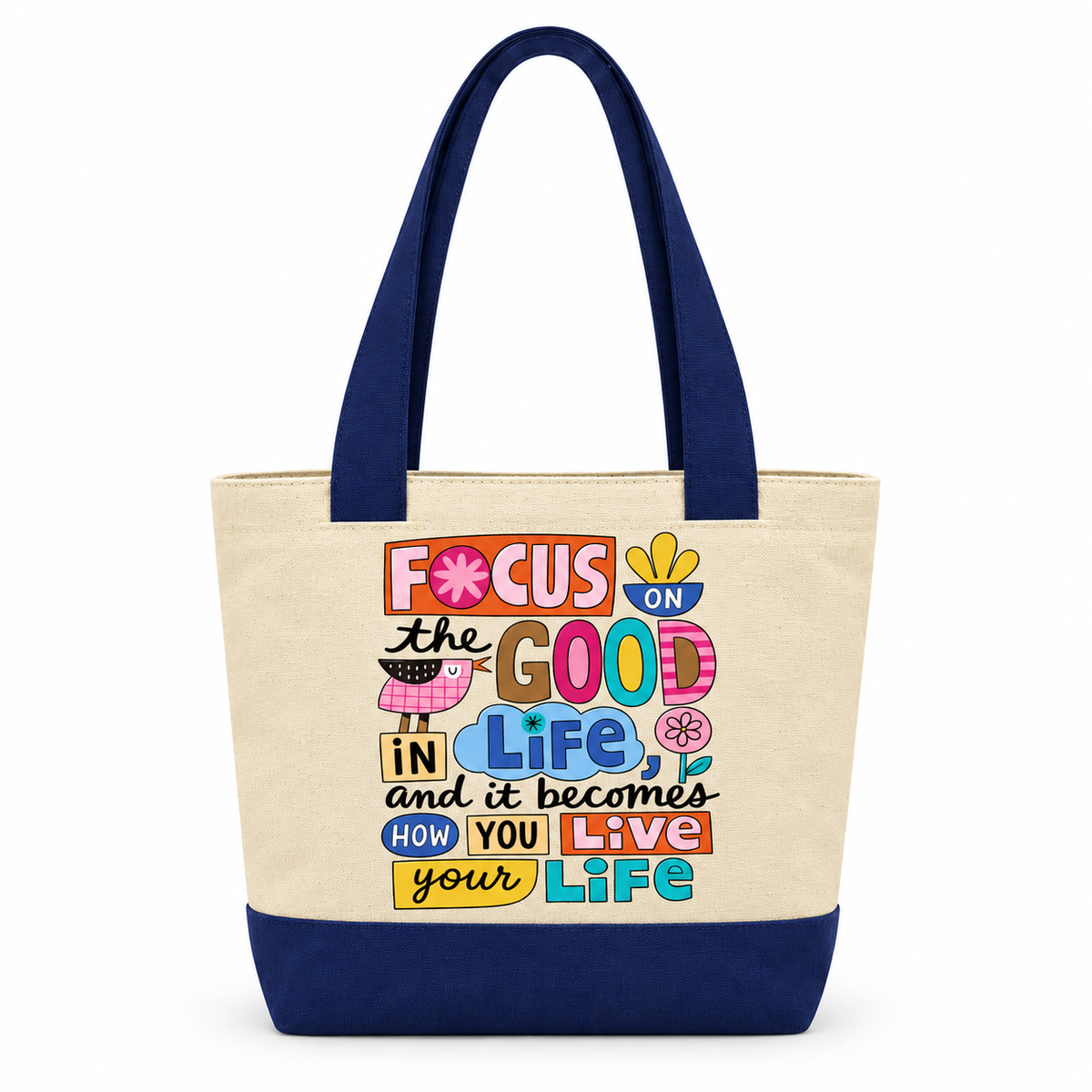Motivational Doodle Canvas Tote Bag | Two-Tone with Zipper Pocket