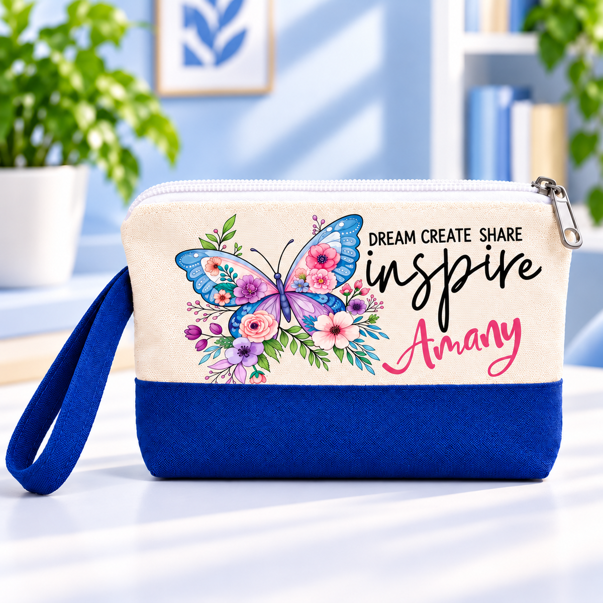 Butterfly Elegance Two-Tone Canvas Pencil Case & Makeup Pouch | With Side Handle