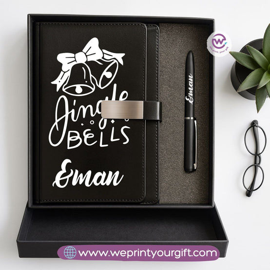 Festive Holiday Leather Gift Set – Custom Name Notebook & Pen
