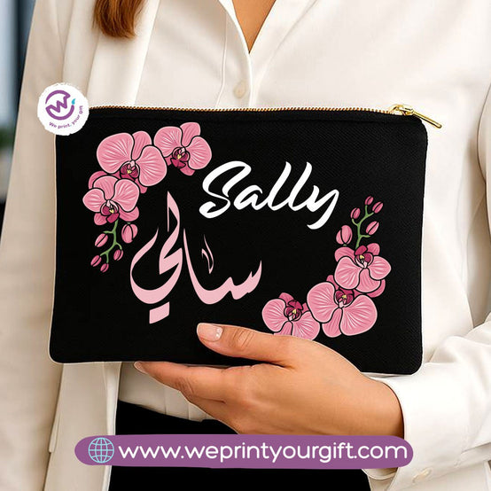 Personalized Floral Name Makeup Bag & Pencil Case – Elegant Cotton Pouch