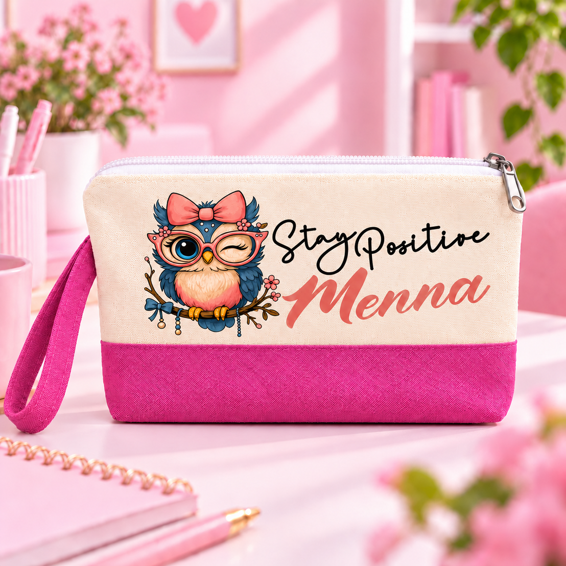 Cute Owl Two-Tone Canvas Pencil Case & Makeup Pouch | With Side Handle