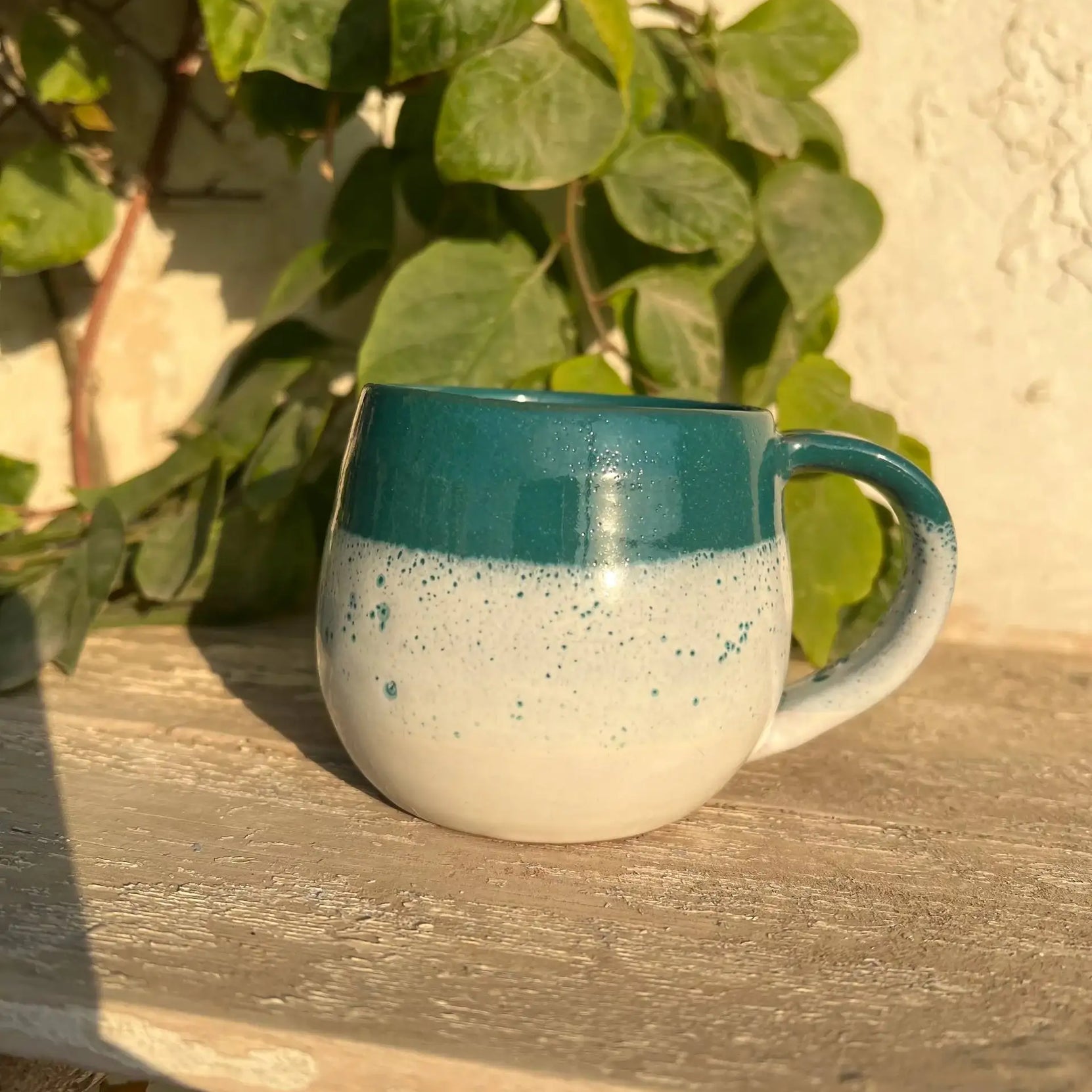 Green & White Handmade Pottery Mug - Customization Options - WE PRINT