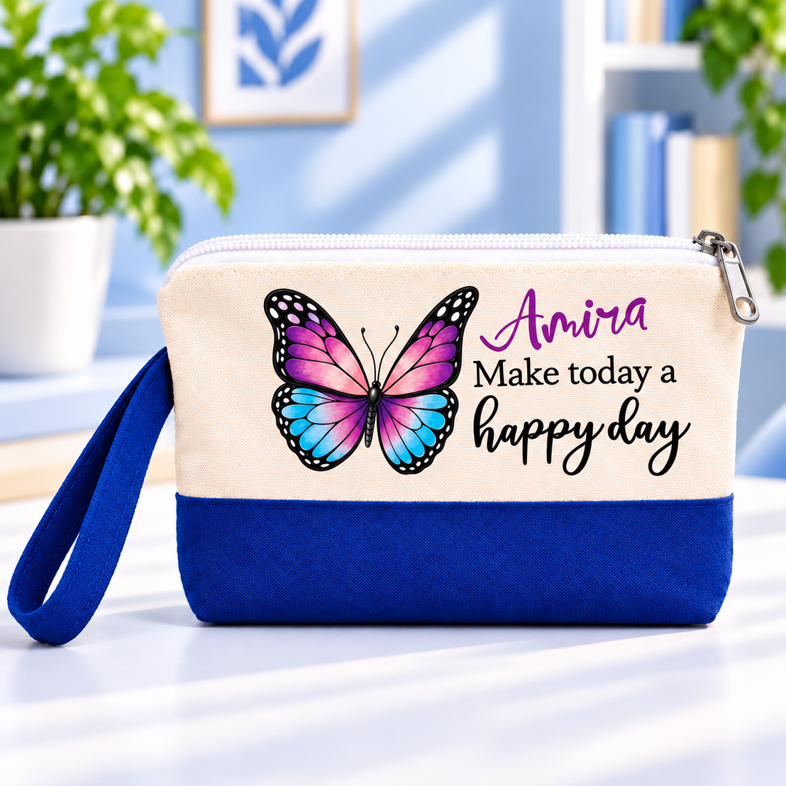 Butterfly Elegance Two-Tone Canvas Pencil Case & Makeup Pouch | With Side Handle