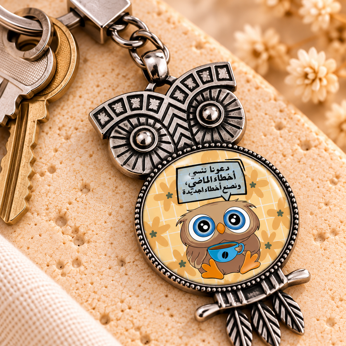 Cute Owl Glass Dome Metal Keychain | Ornate Frame