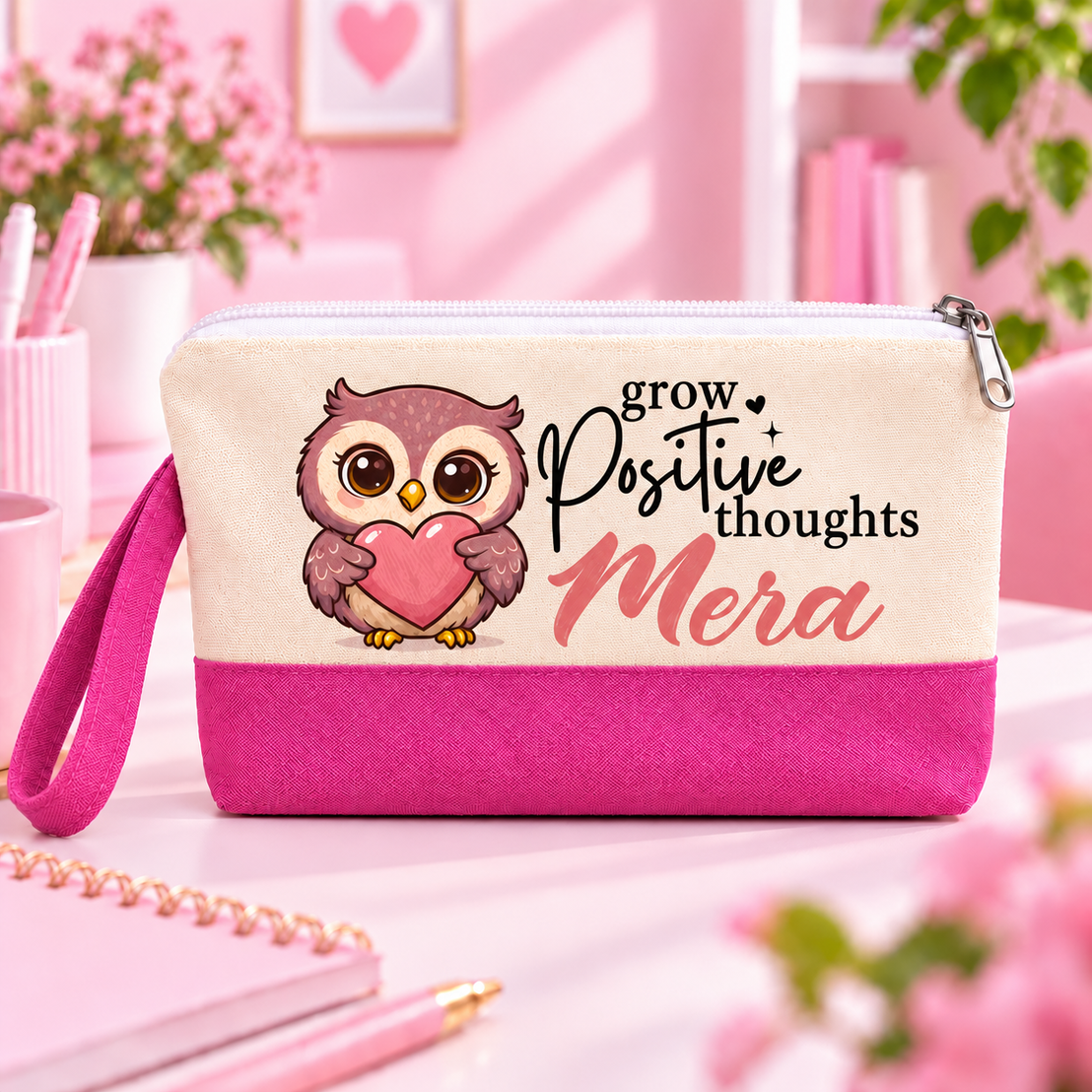 Cute Owl Two-Tone Canvas Pencil Case & Makeup Pouch | With Side Handle