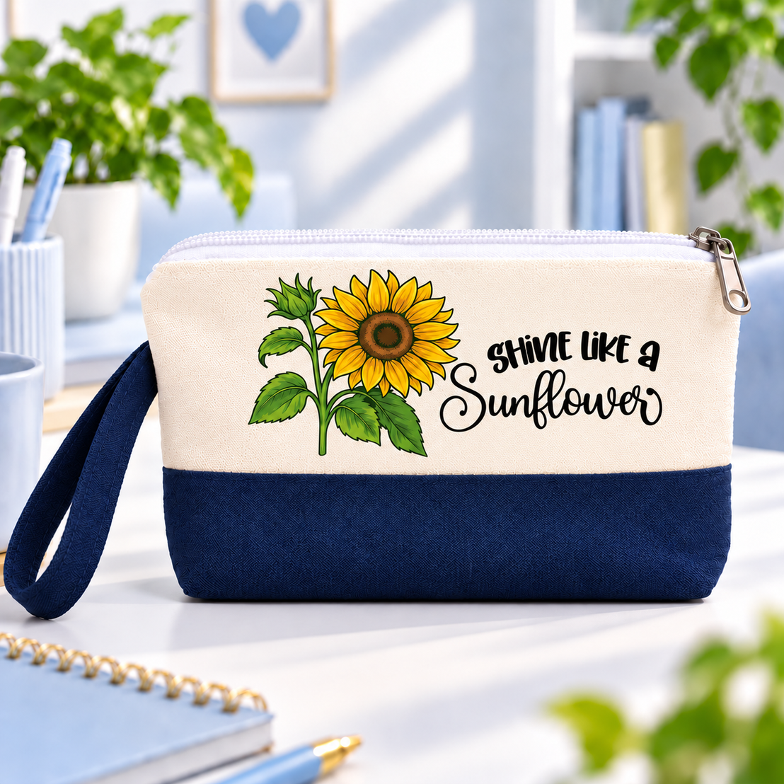 Radiant Sunflower Two-Tone Canvas Pencil Case & Makeup Pouch | With Side Handle