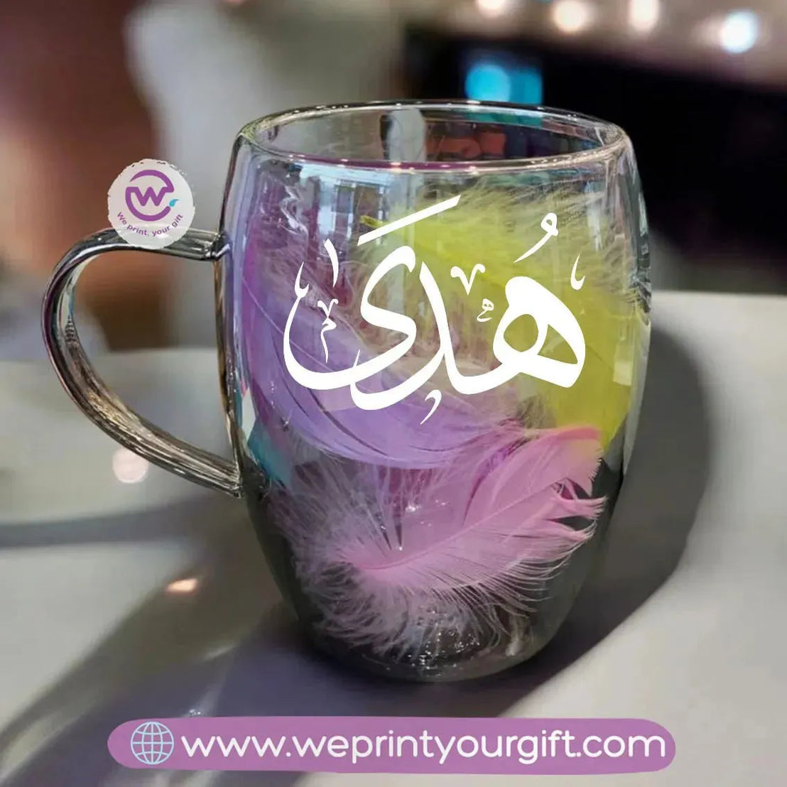 Double Wall Feather Glass Coffee Cup -Arabic Names - WE PRINT
