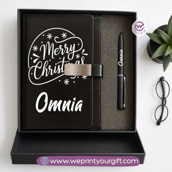 Festive Holiday Leather Gift Set – Custom Name Notebook & Pen