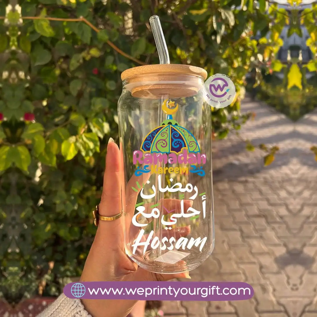 Round Glass Mug with Bamboo Lid & Glass Straw | Ramadan Design - WE PRINT
