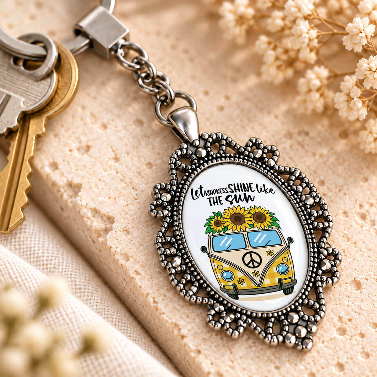 Sunflower Glass Dome Keychain | Ornate Oval Metal Frame