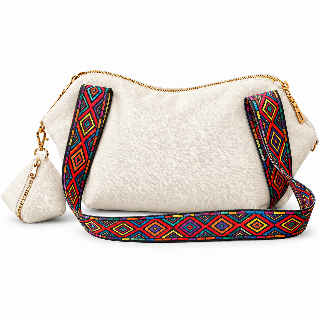 Shoulder Bag & Pouch Set with Patterned Strap -Customization Options