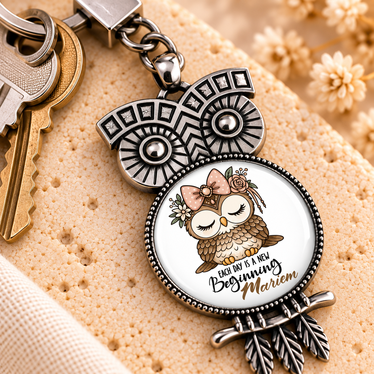 Retro Owl Glass Dome Keychain | Decorative Metal Frame