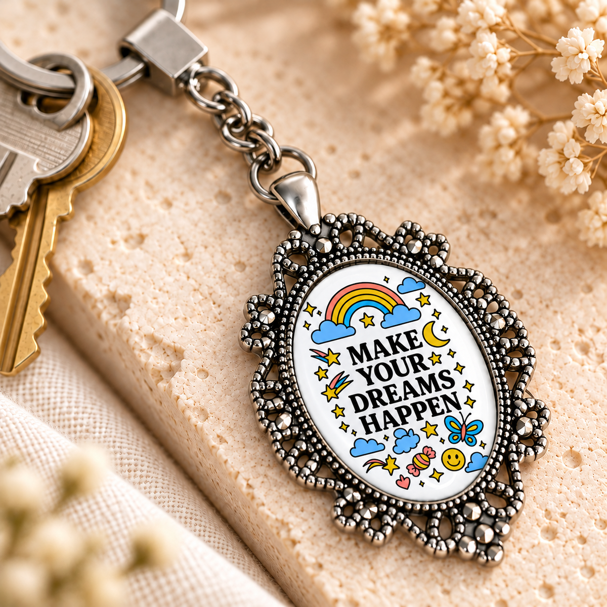 Motivational Doodle Glass Dome Keychain | Ornate Oval Metal Frame