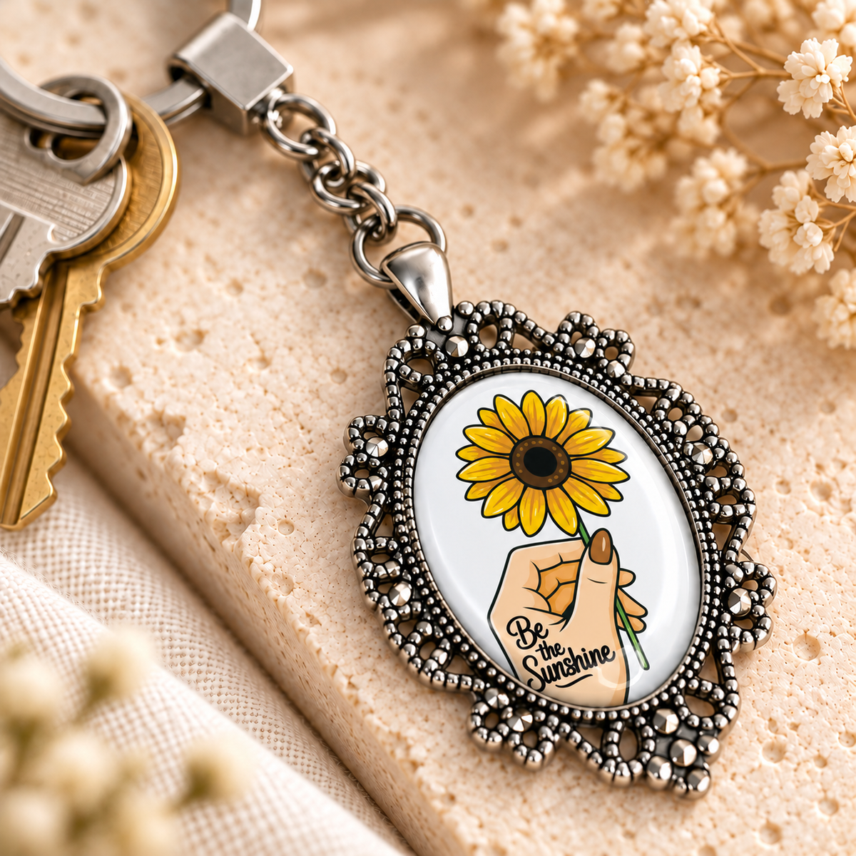 Motivational Sunflower Glass Dome Keychain | Ornate Oval Metal Frame