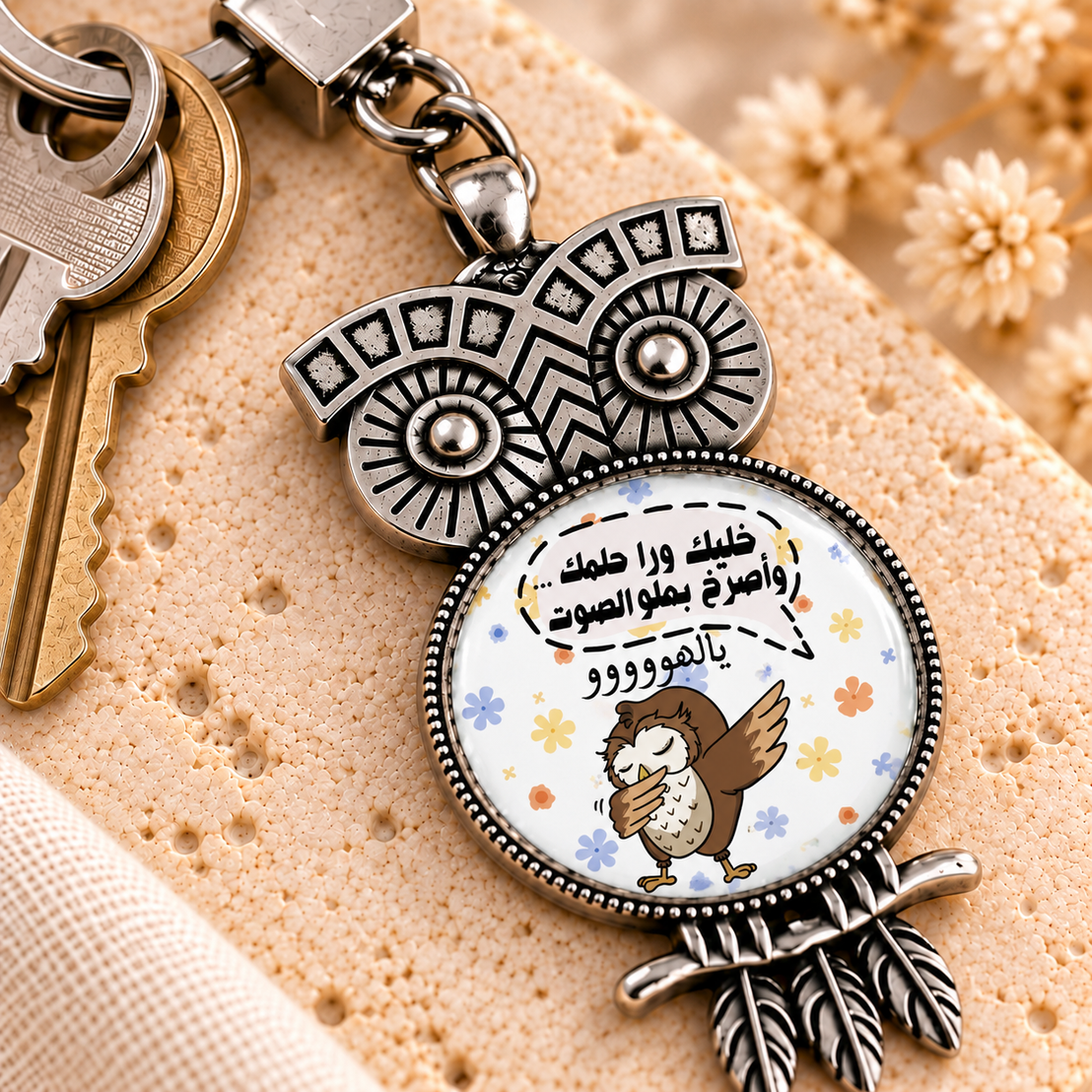 Cute Owl Glass Dome Metal Keychain | Ornate Frame