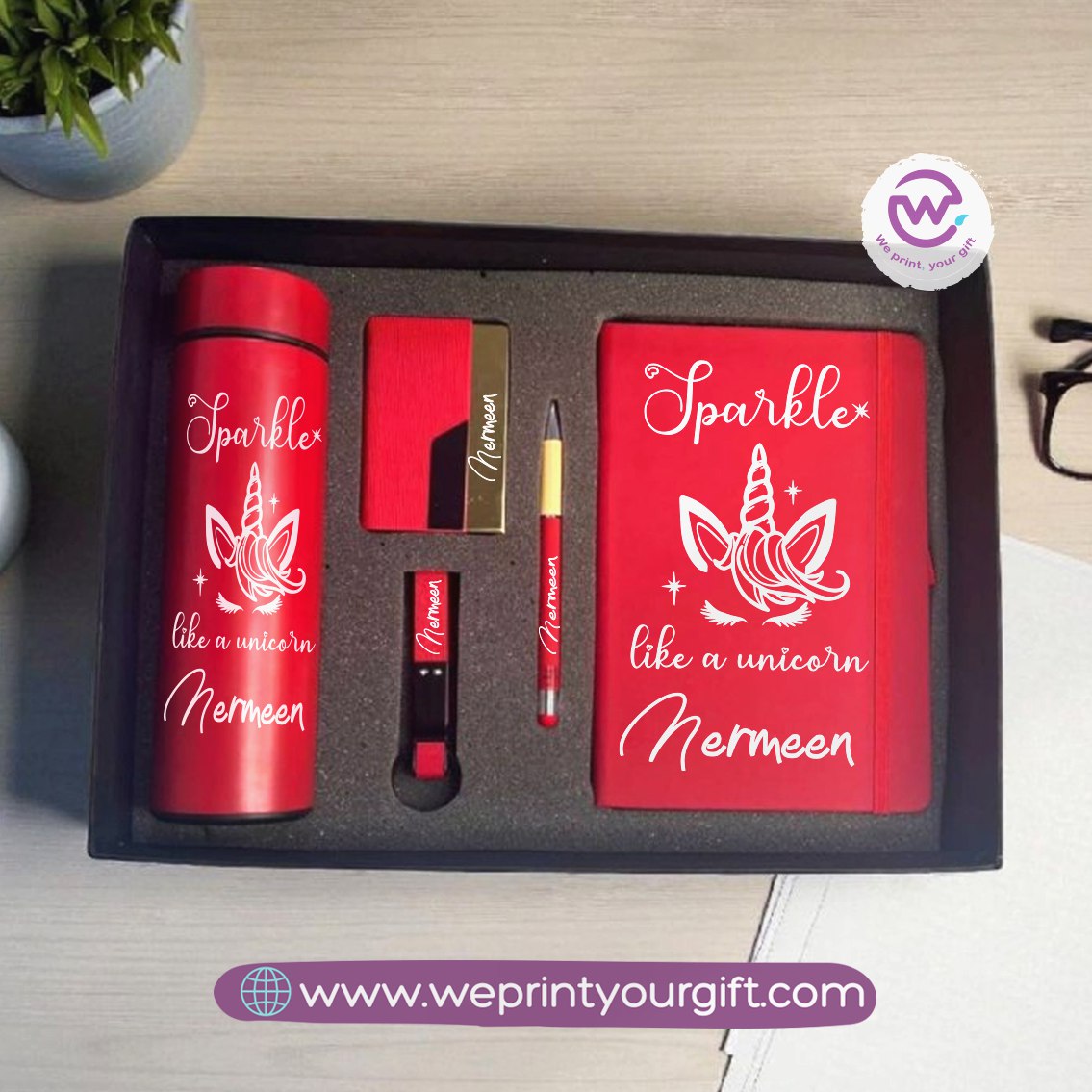 Unicorn Personalized 5-Piece Gift Box – Custom Name Luxury Set with Digital Thermos & Notebook
