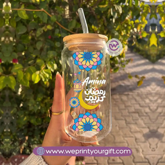 Round Glass Mug with Bamboo Lid & Glass Straw | Ramadan Design - WE PRINT