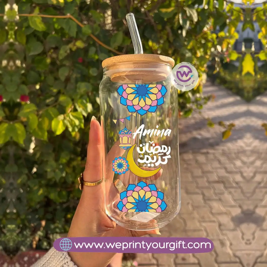 Round Glass Mug with Bamboo Lid & Glass Straw | Ramadan Design - WE PRINT