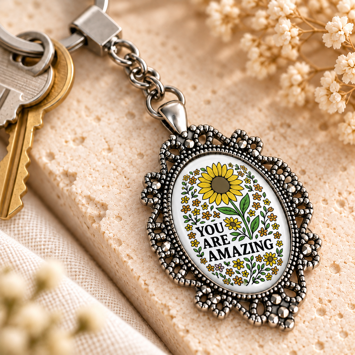 Motivational Doodle Glass Dome Keychain | Ornate Oval Metal Frame
