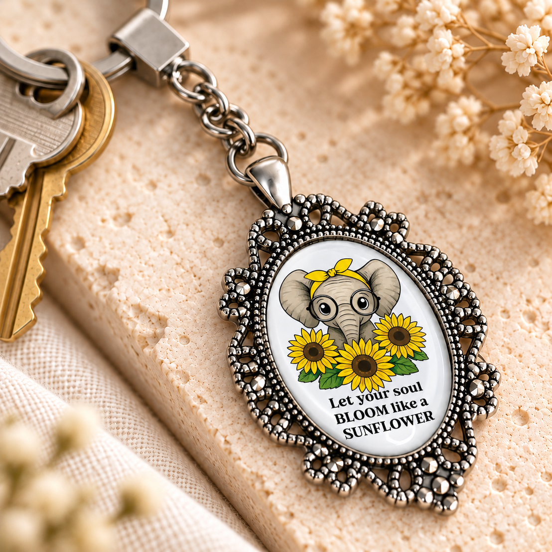 Sunflower Glass Dome Keychain | Ornate Oval Metal Frame